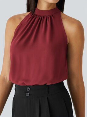 HALARA Keyhole Back Halter Sleeveless Curved Hem Work Blouse